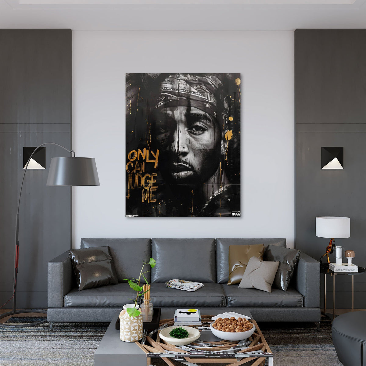 Tupac Only Can Judge Me schwarz gold Wandbild Wohnbeispiel