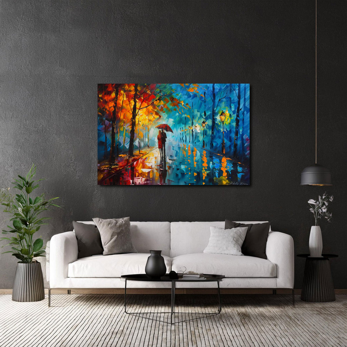 Farbstarkes Park Wandbild über einem Sofa im Wohnraum