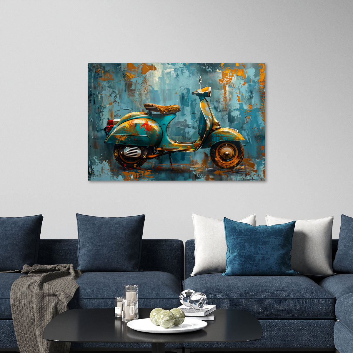 Vespa Scooter in Türkis als expressives Wandbild