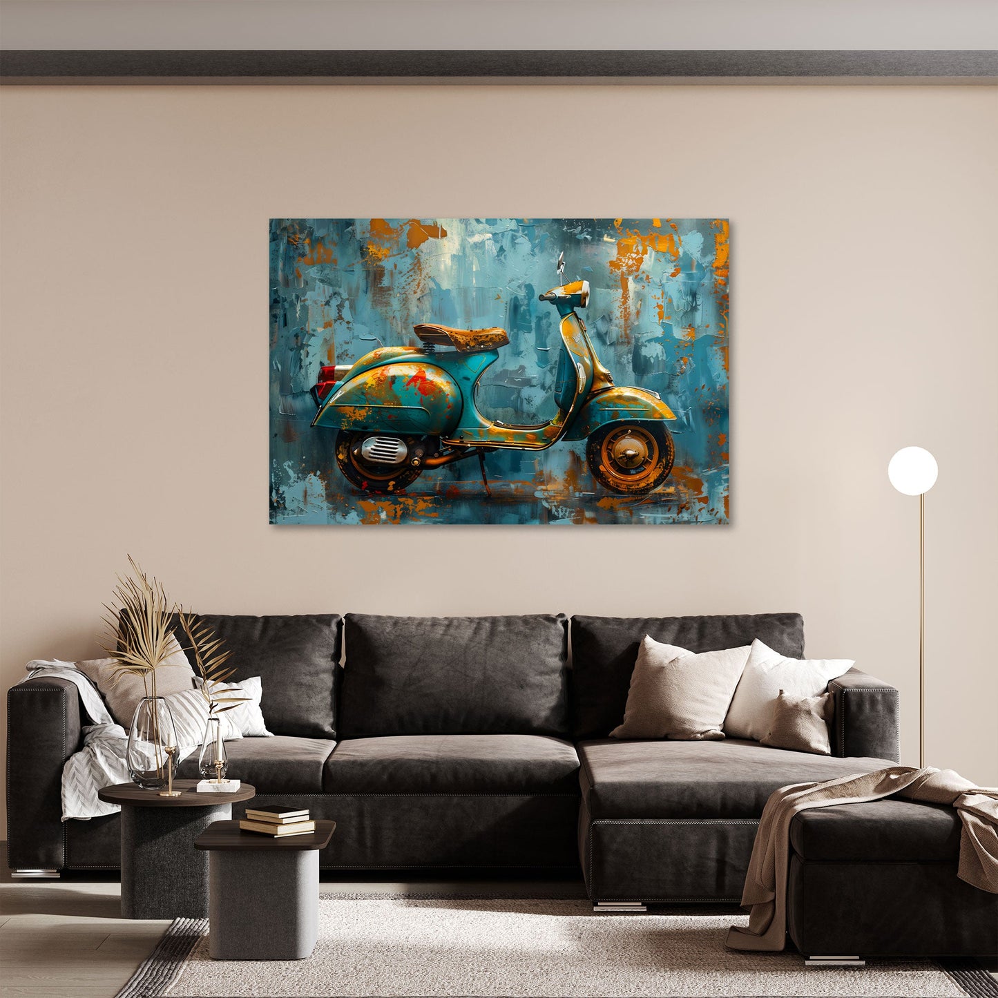 Vespa Scooter türkises Gemälde in Ölmalerei Wandbild