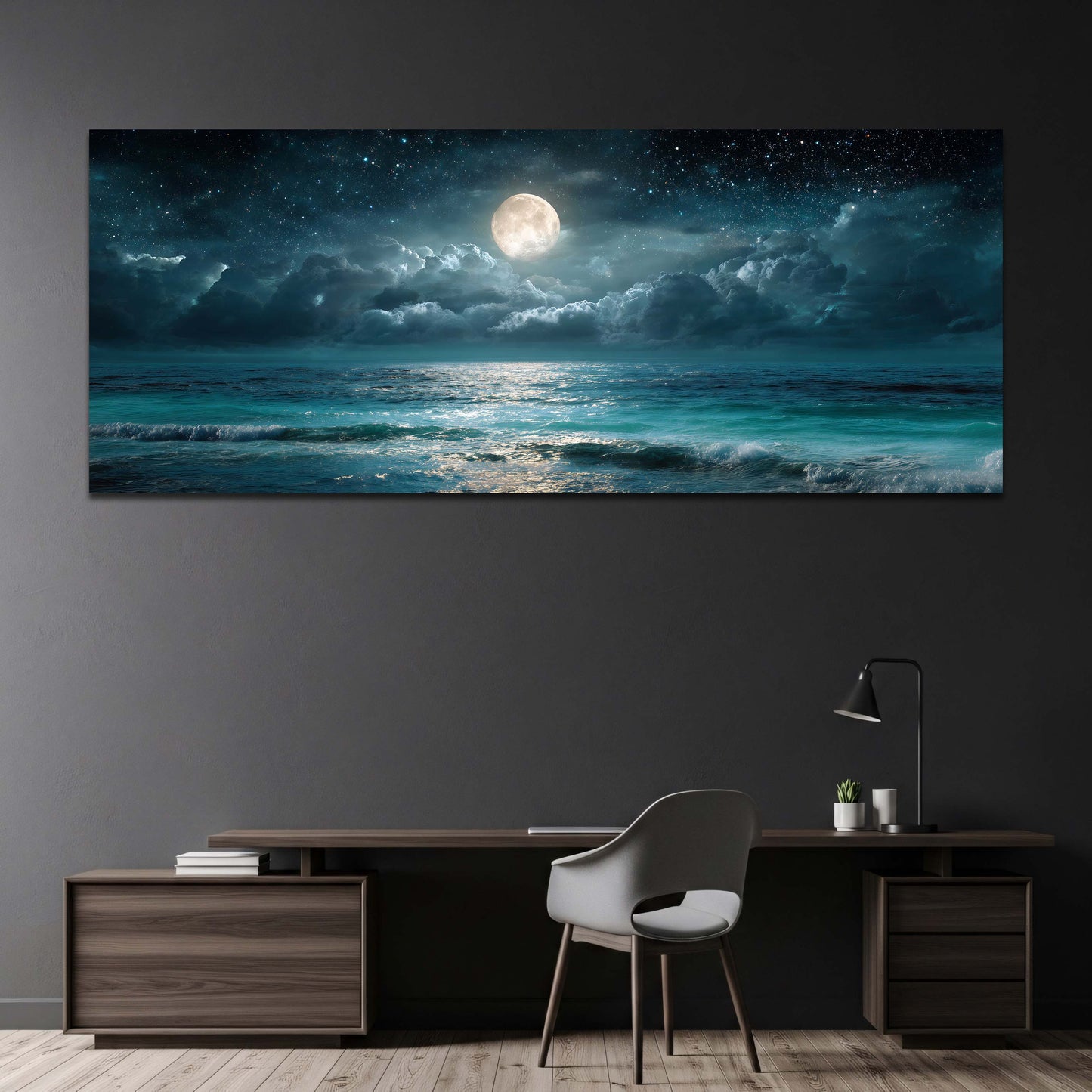 Vollmond mit Sternen ueber dem tuerkisen Meer Wandbild