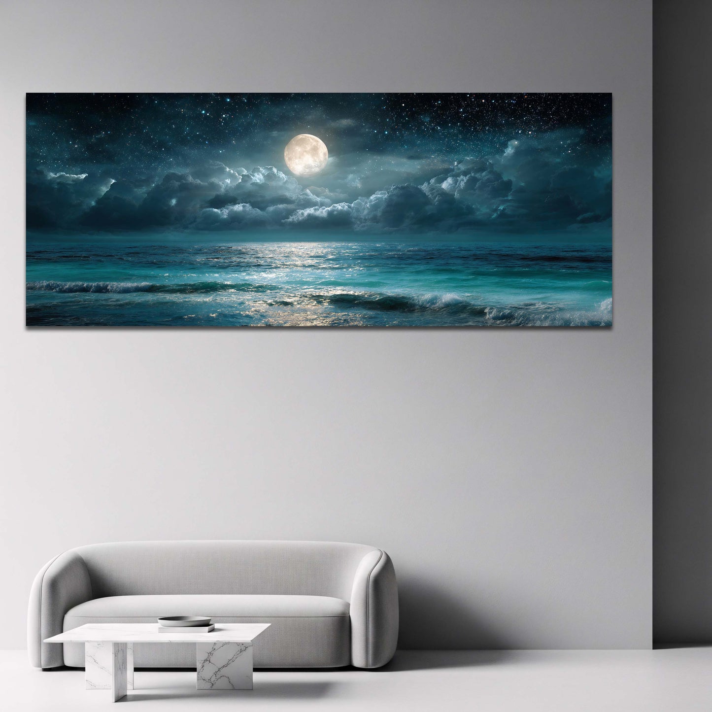 Vollmond mit Sternen ueber dem tuerkisen Meer Wandbild