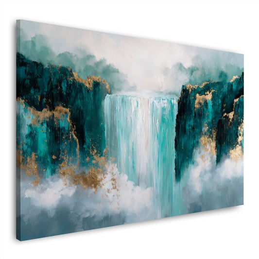 Wasserfall Landschaft abstrakt Natur türkis goldene Akzente Wandbild