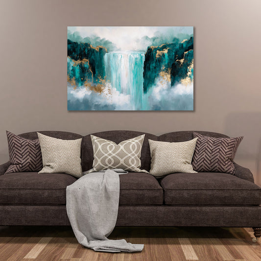 Wasserfall Landschaft abstrakt Natur türkis goldene Akzente Wandbild