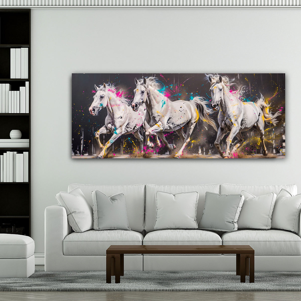 Weiße Pferde Panorama farbenfroh und expressiv Wandbild