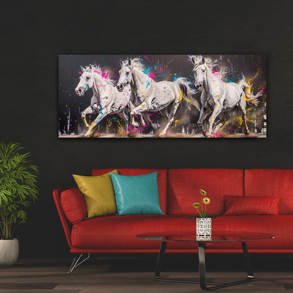 Weiße Pferde Panorama farbenfroh und expressiv Wandbild