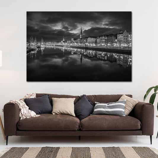 Weserpanorama Bremen schwarz weiß Altstadt Spiegelung Wandbild