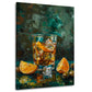 Whisky mit Orangenscheiben auf dunklem Grund Wandbild im Hochformat