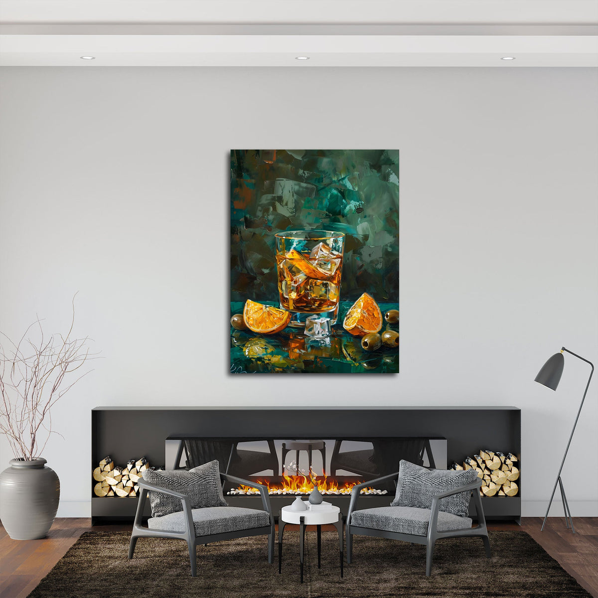 Whisky Stillleben Wandbild über einem Sofa im Wohnraum