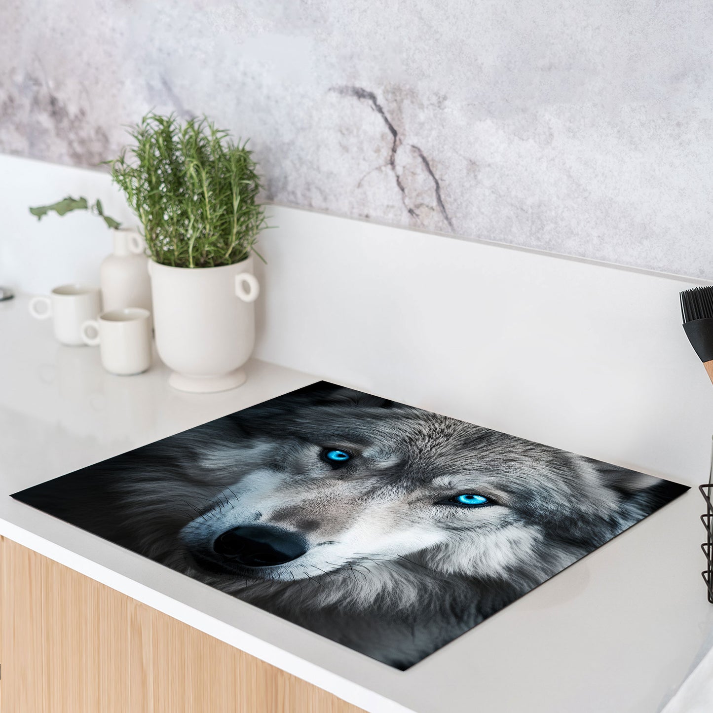 Wolf frontal Porträt Herdabdeckplatte Induktionsschutz für Ceranfeld & Küche Deko