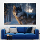 Wolf mit blauen Augen Winterwald Schneefall Wandbild