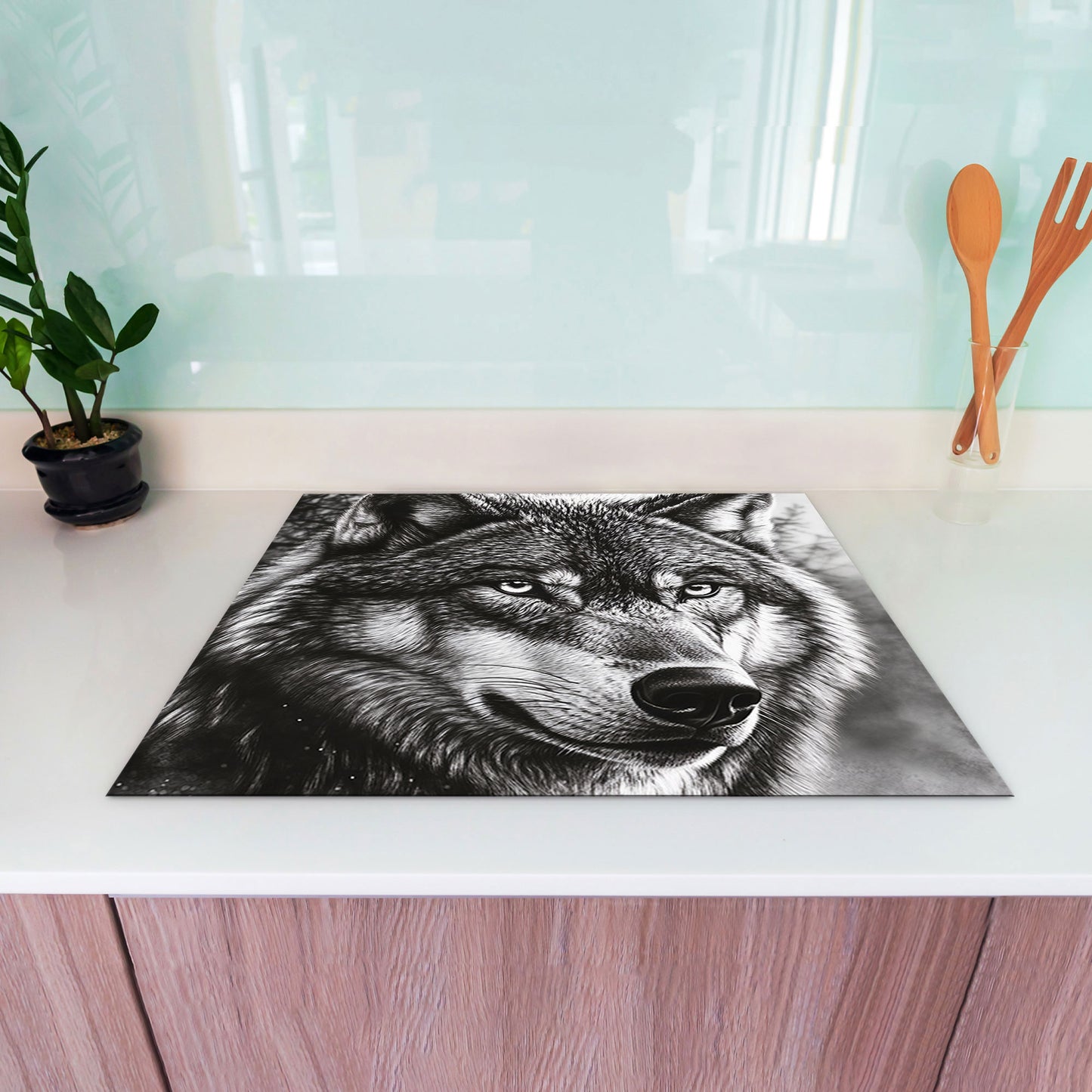 Wolf Porträt schwarz weiß Herdabdeckplatte Induktionsschutz für Ceranfeld & Küche Deko
