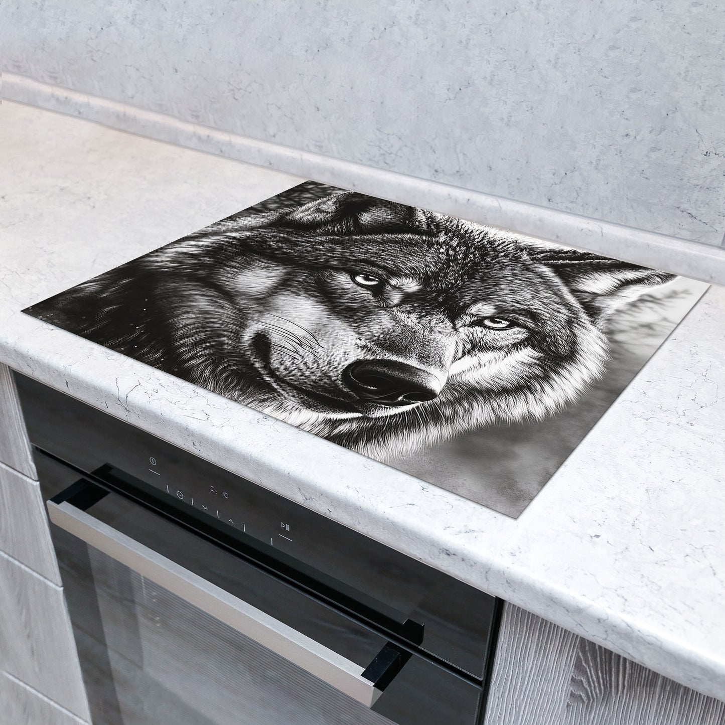 Wolf Porträt schwarz weiß Herdabdeckplatte Induktionsschutz für Ceranfeld & Küche Deko
