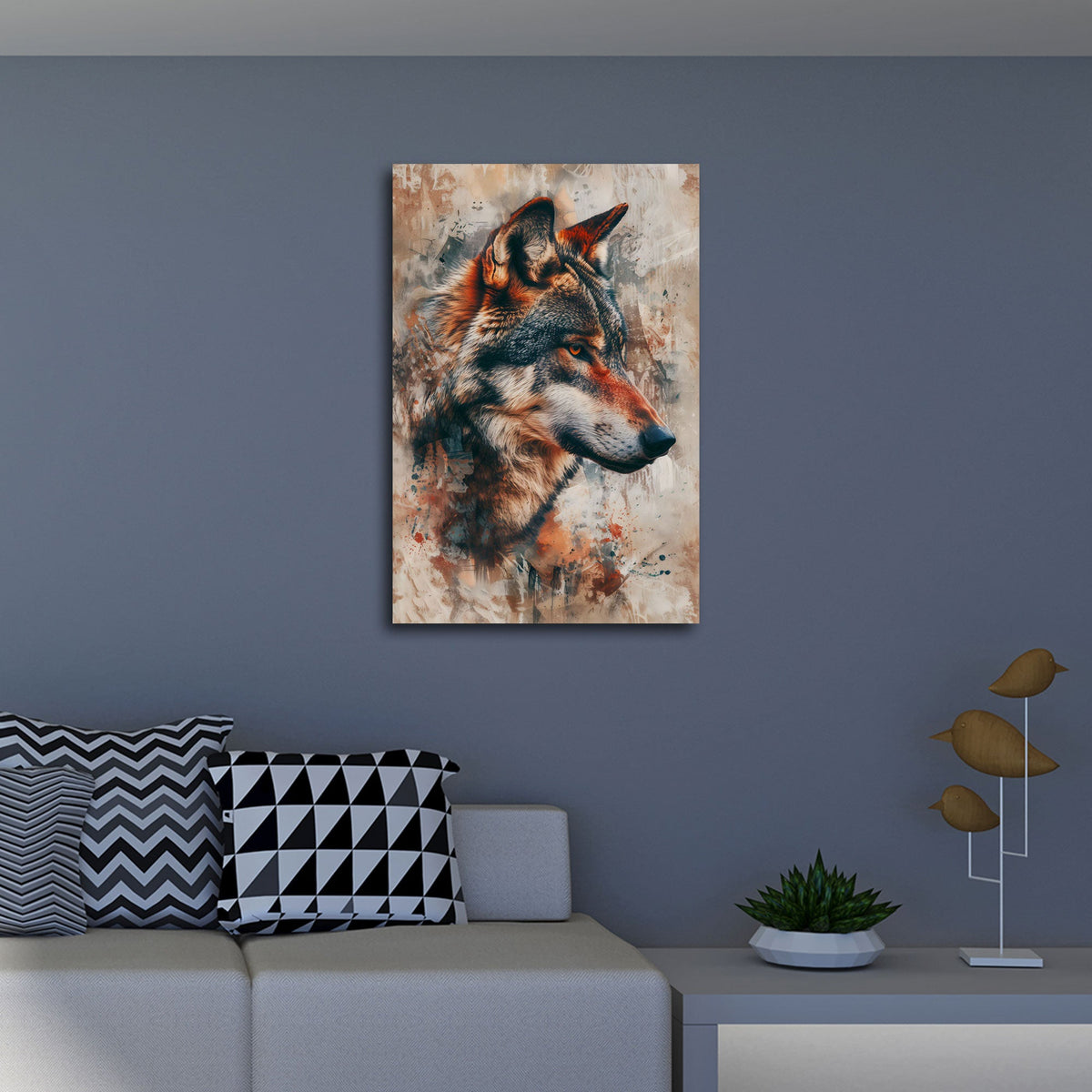 Wolfskopf in Braun und Beige mit Farbspuren Wandbild