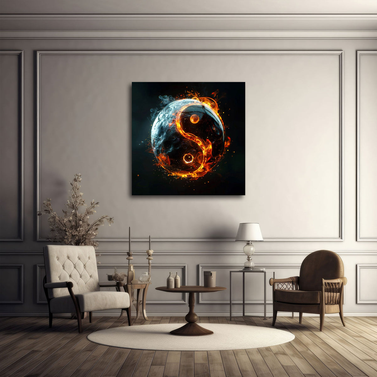Yin und Yang Symbol mit Feuer und Mond im Dunkeln Wandbild