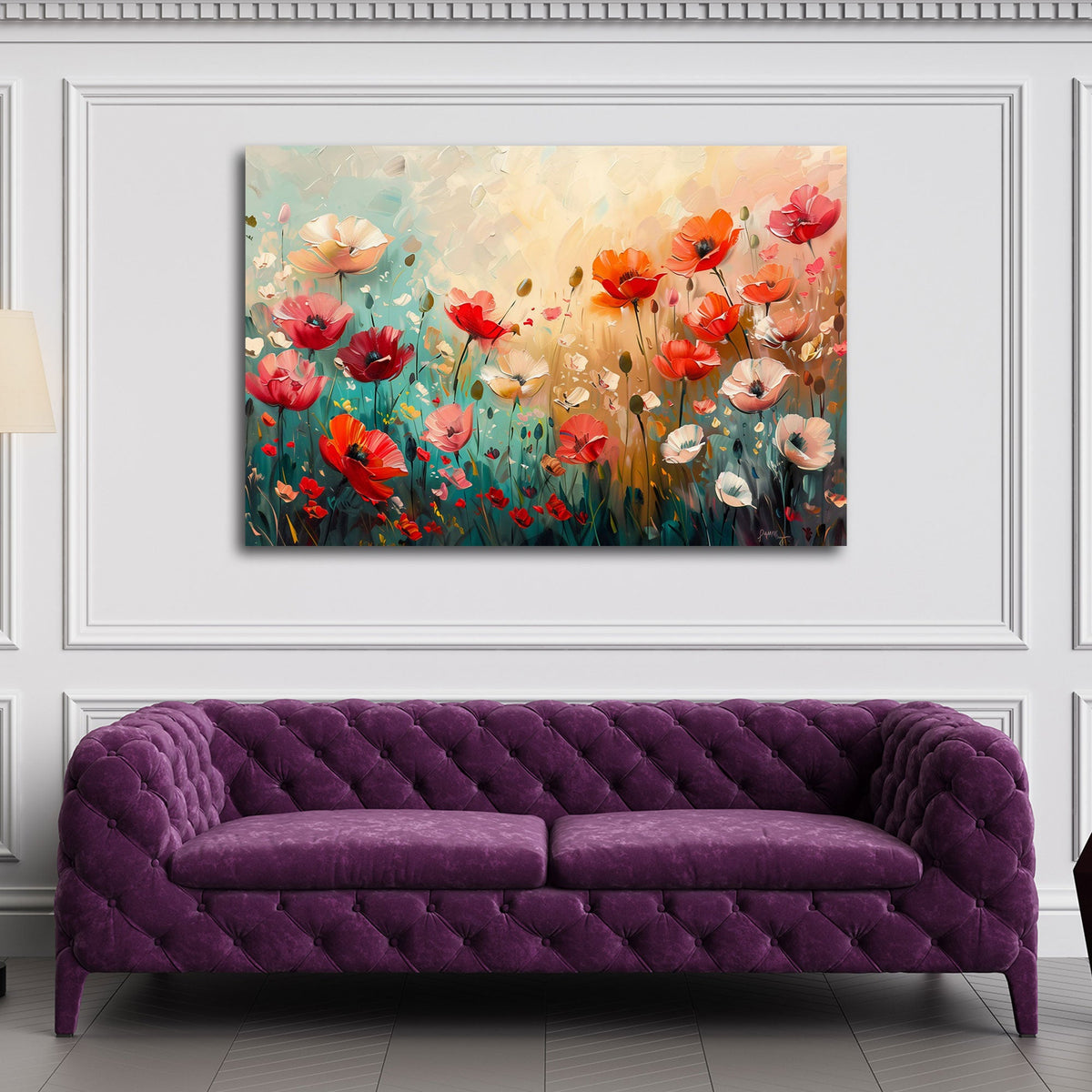 Zarte Blumenwiese mit roten Mohnblumen im Licht Wandbild
