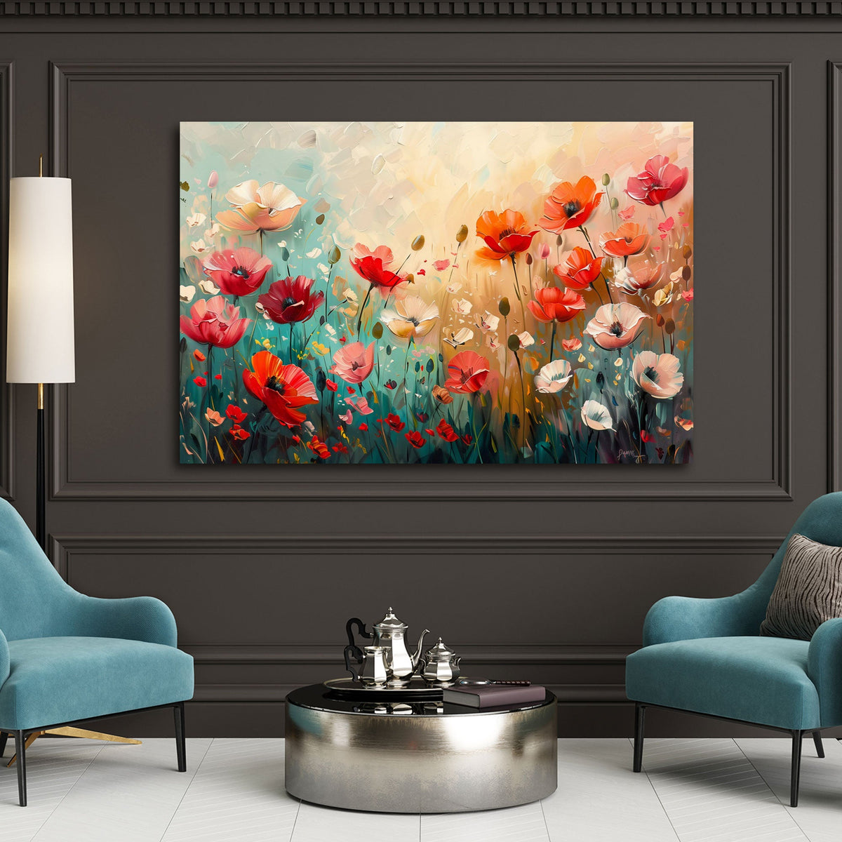 Zarte Blumenwiese mit roten Mohnblumen im Licht Wandbild