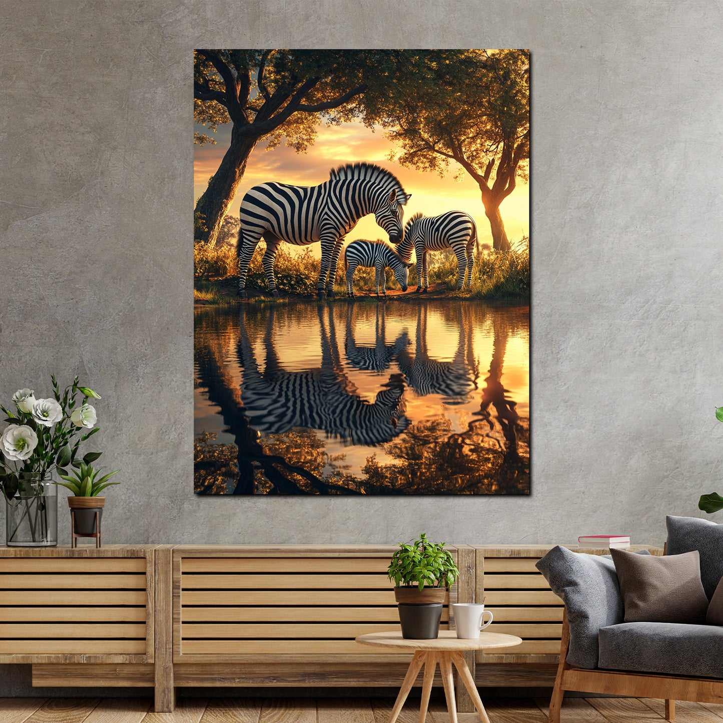 Zebras im Sonnenuntergang Natur Spiegelung Wandbild
