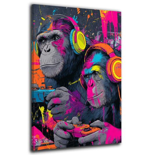 Zwei Gorillas mit Kopfhörern und Gamepad Neon Wandbild