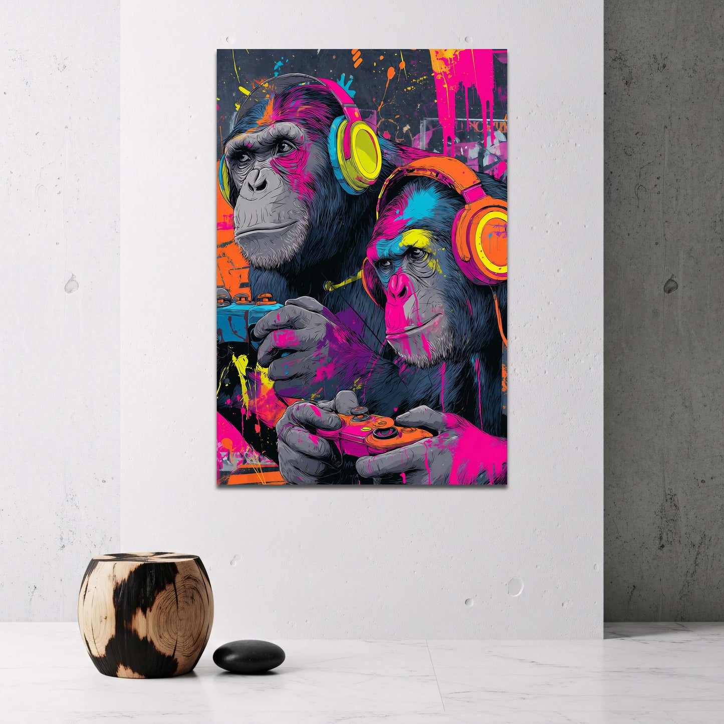 Zwei Gorillas mit Kopfhoerern und Gamepad Neon Wandbild