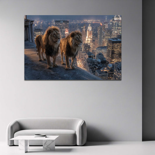 Zwei Löwen auf Hochhausdach mit New York Skyline Wandbild