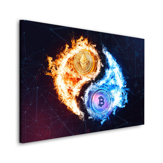 Wandbild Leinwandbild Bitcoin Yin und Yang Style, Kryptowährung