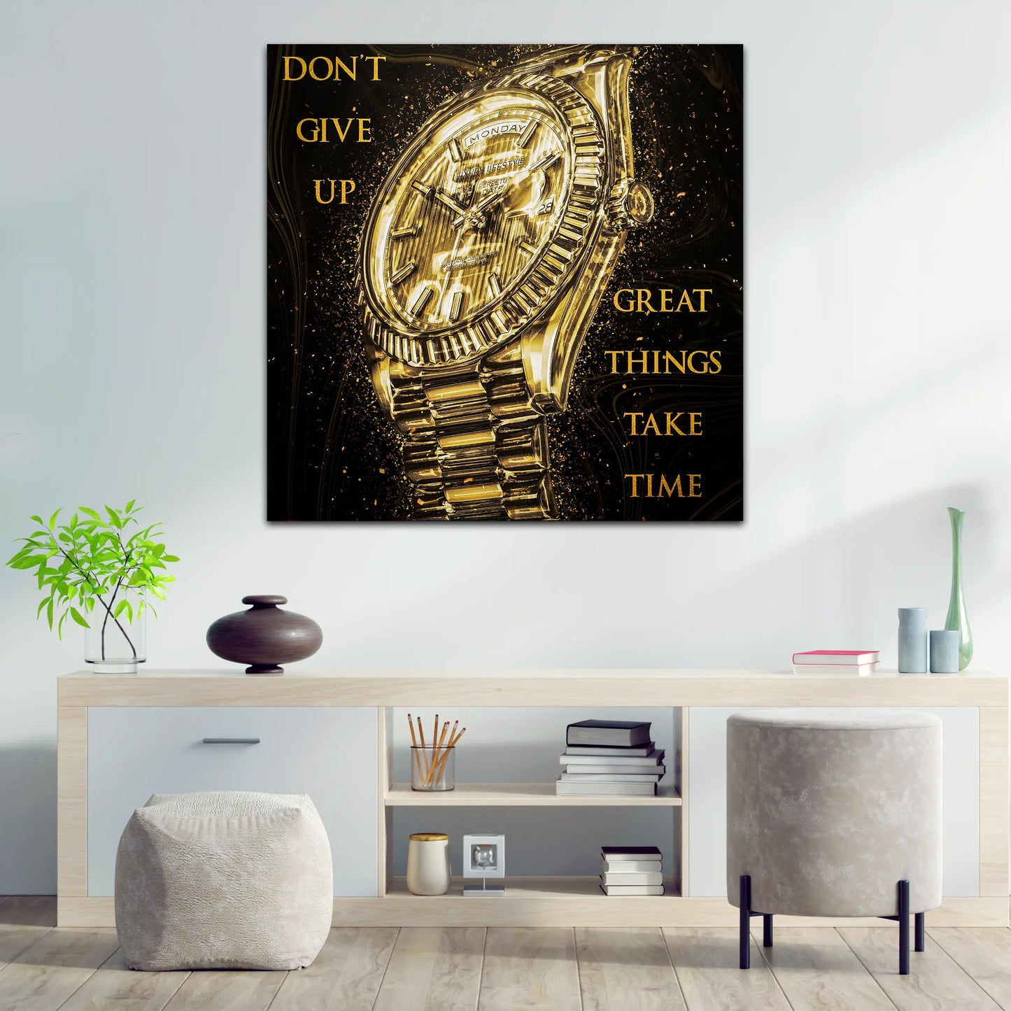 Wandbild Motivation Uhr Gold Style