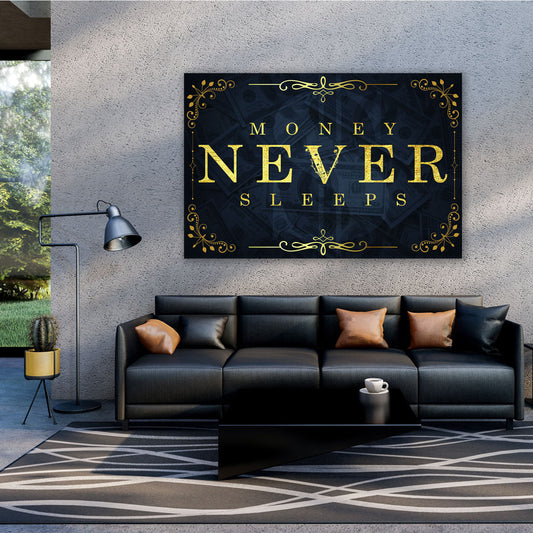 Wandbild Leinwandbild Motivation Mindset Money Never Sleeps Gold Blue Style