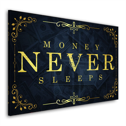 Wandbild Leinwandbild Motivation Mindset Money Never Sleeps Gold Blue Style