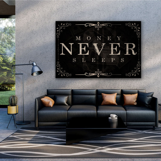 Wandbild Leinwandbild Motivation Mindset Money Never Sleeps Silver Black Style