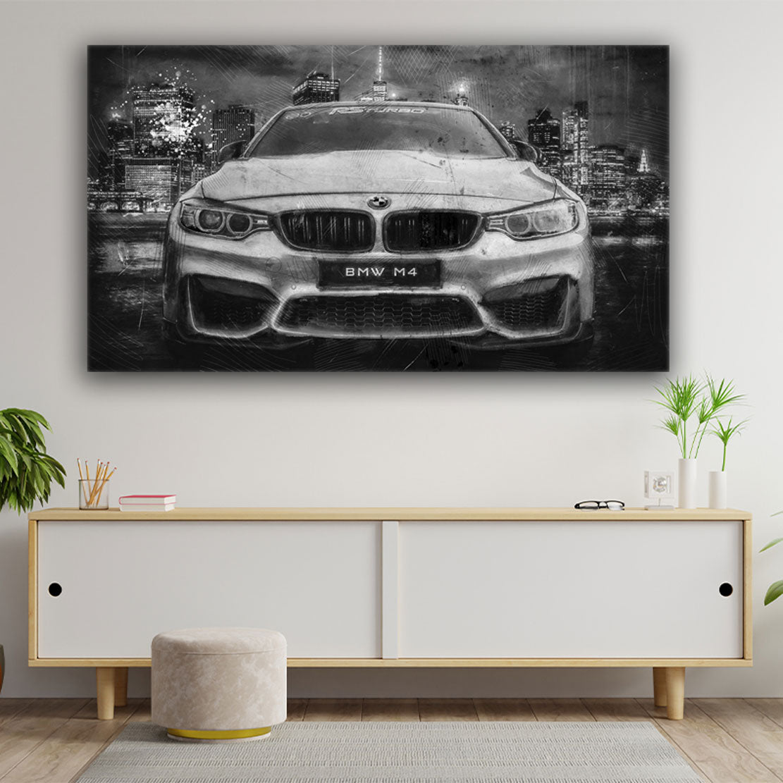 Sportwagen BMW M4 Wandbild Leinwand abstrakt Black & White Auto