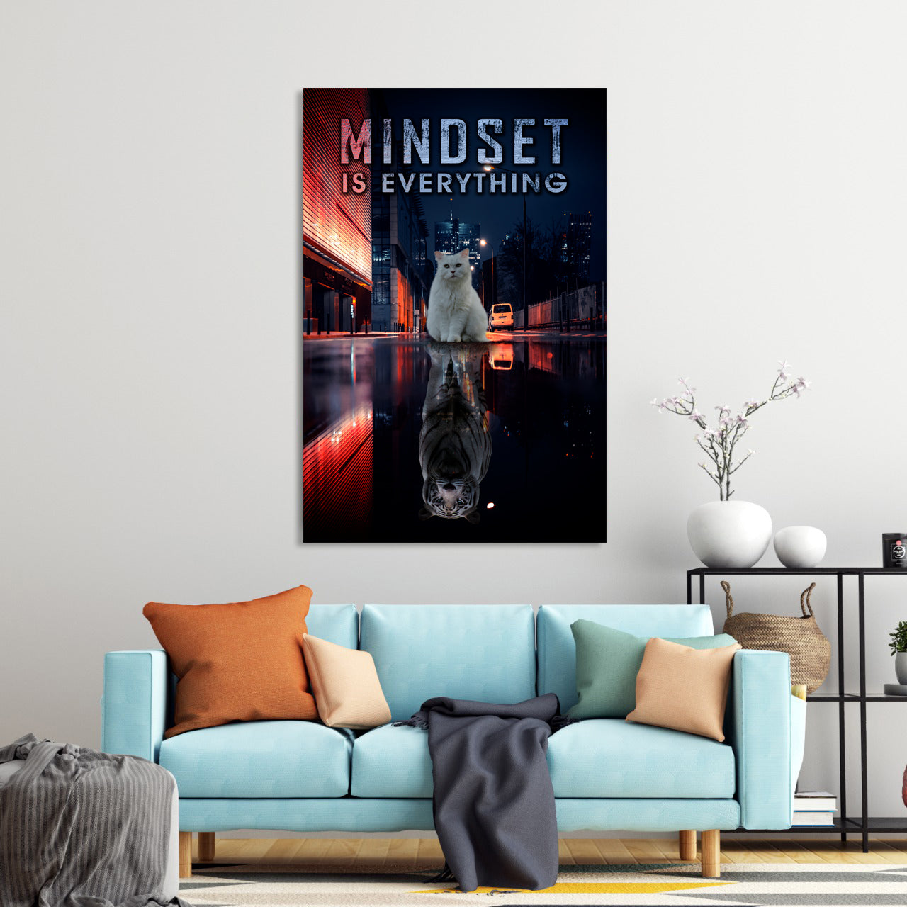 Wandbild Motivation weiße Katze Mindset is Everything