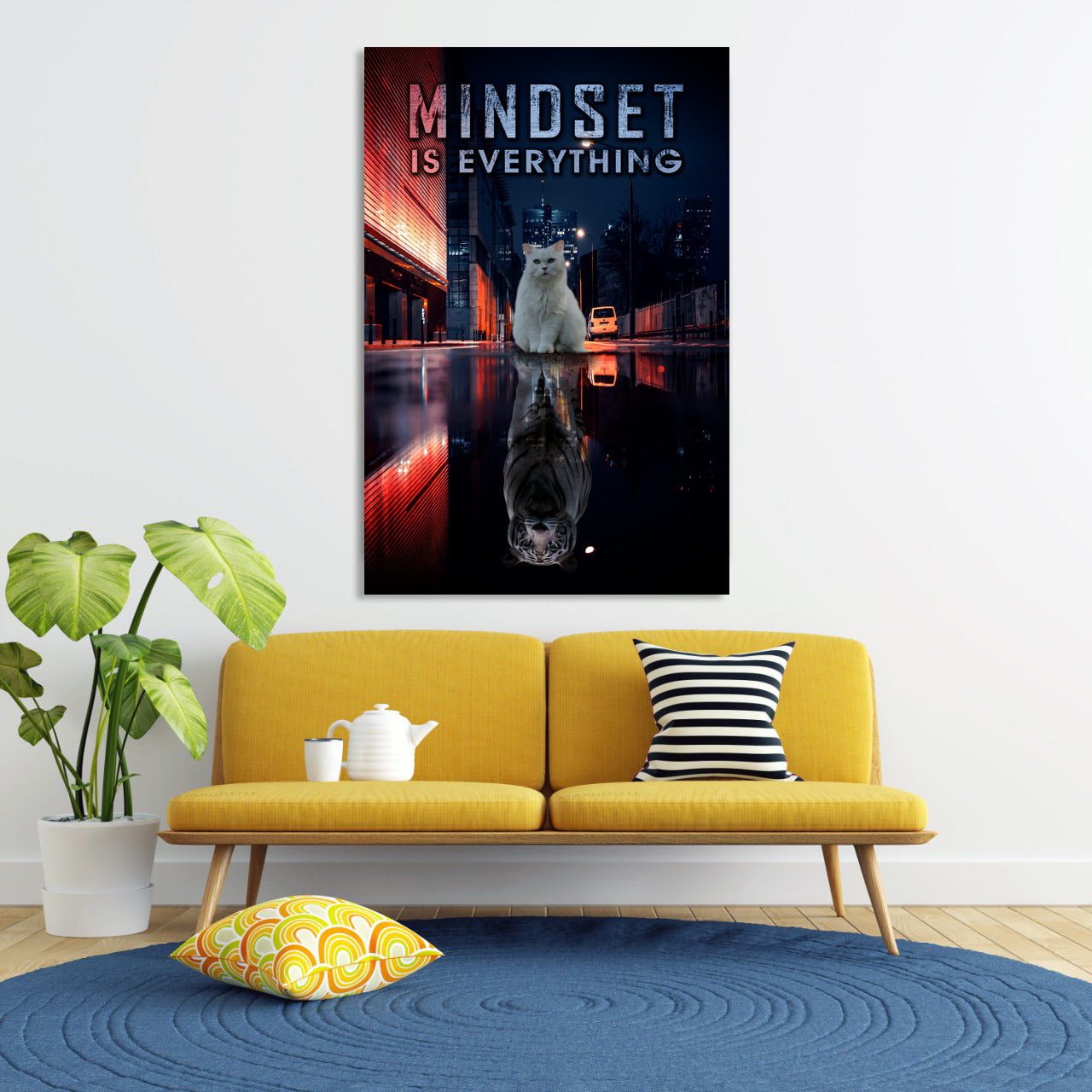 Wandbild Motivation weiße Katze Mindset is Everything